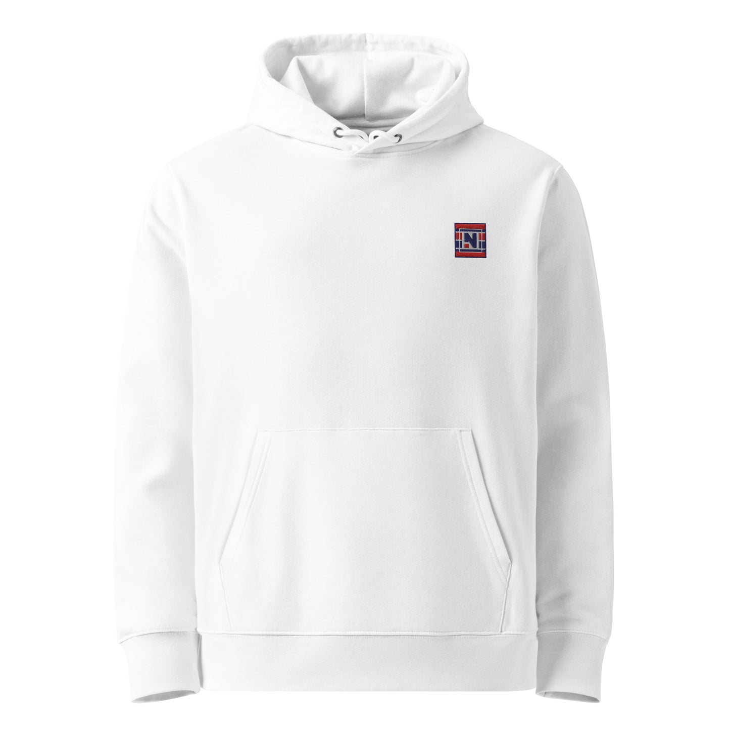 Front view of Nordkapp hoodie in white, unisex Nordic minimalist style- front logo embroidery 