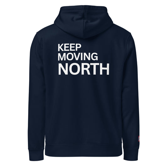 Moving North navy hoodie inspired by Nordic lifestyle