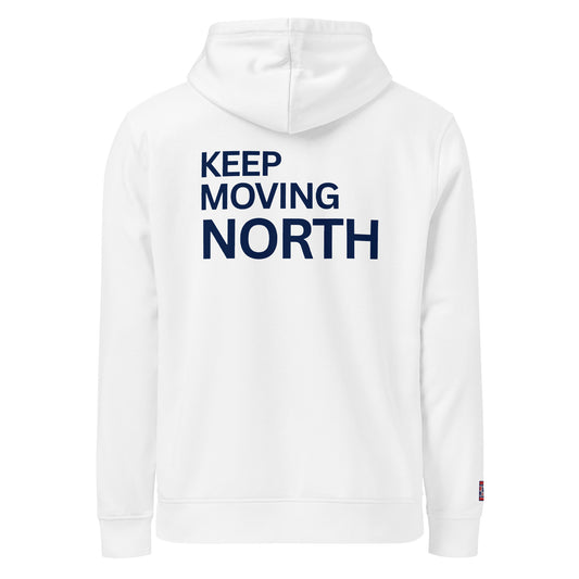 Moving North white hoodie inspired by Nordic lifestyle
