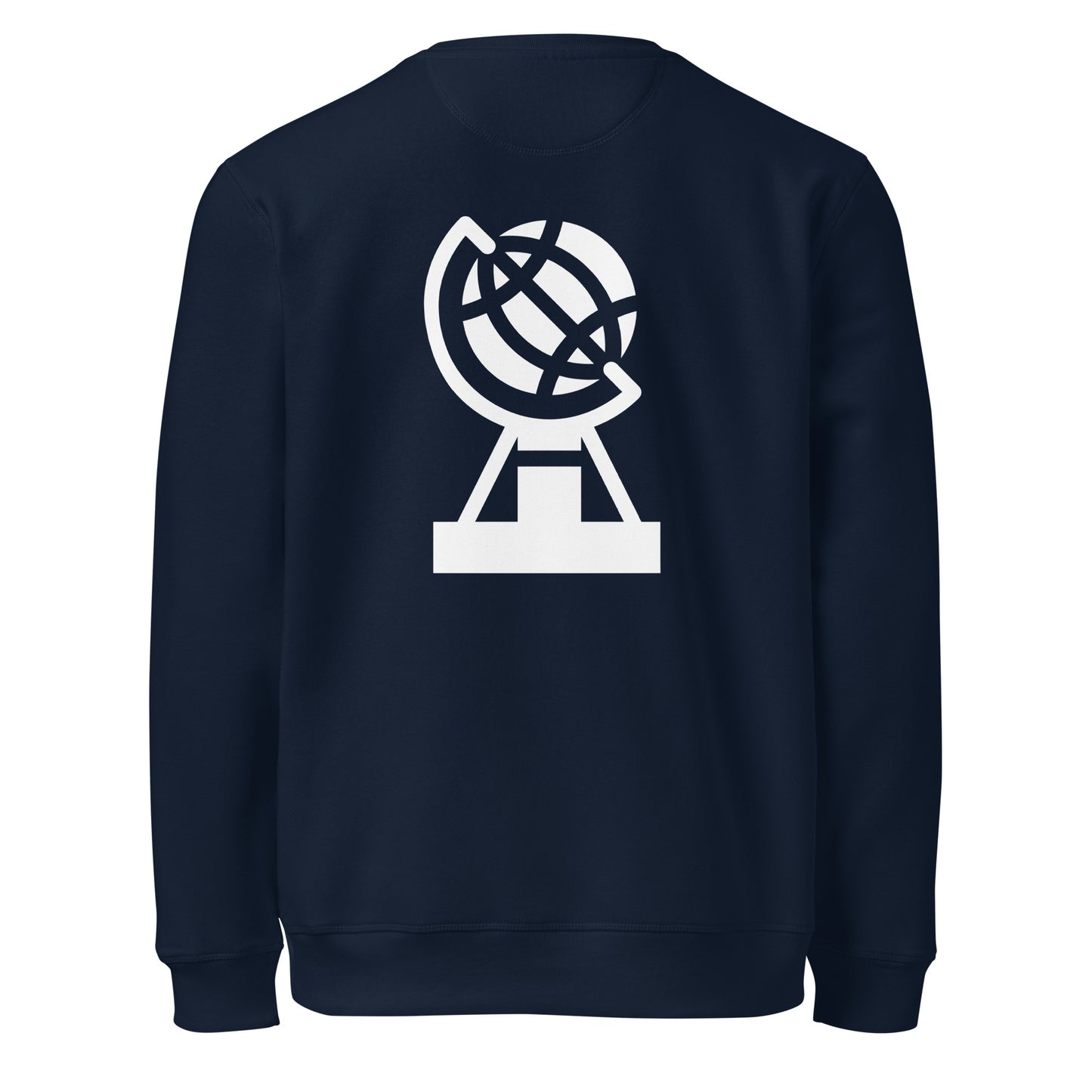 Back view of navy Nordkapp crew jumper with large Nordic globe print