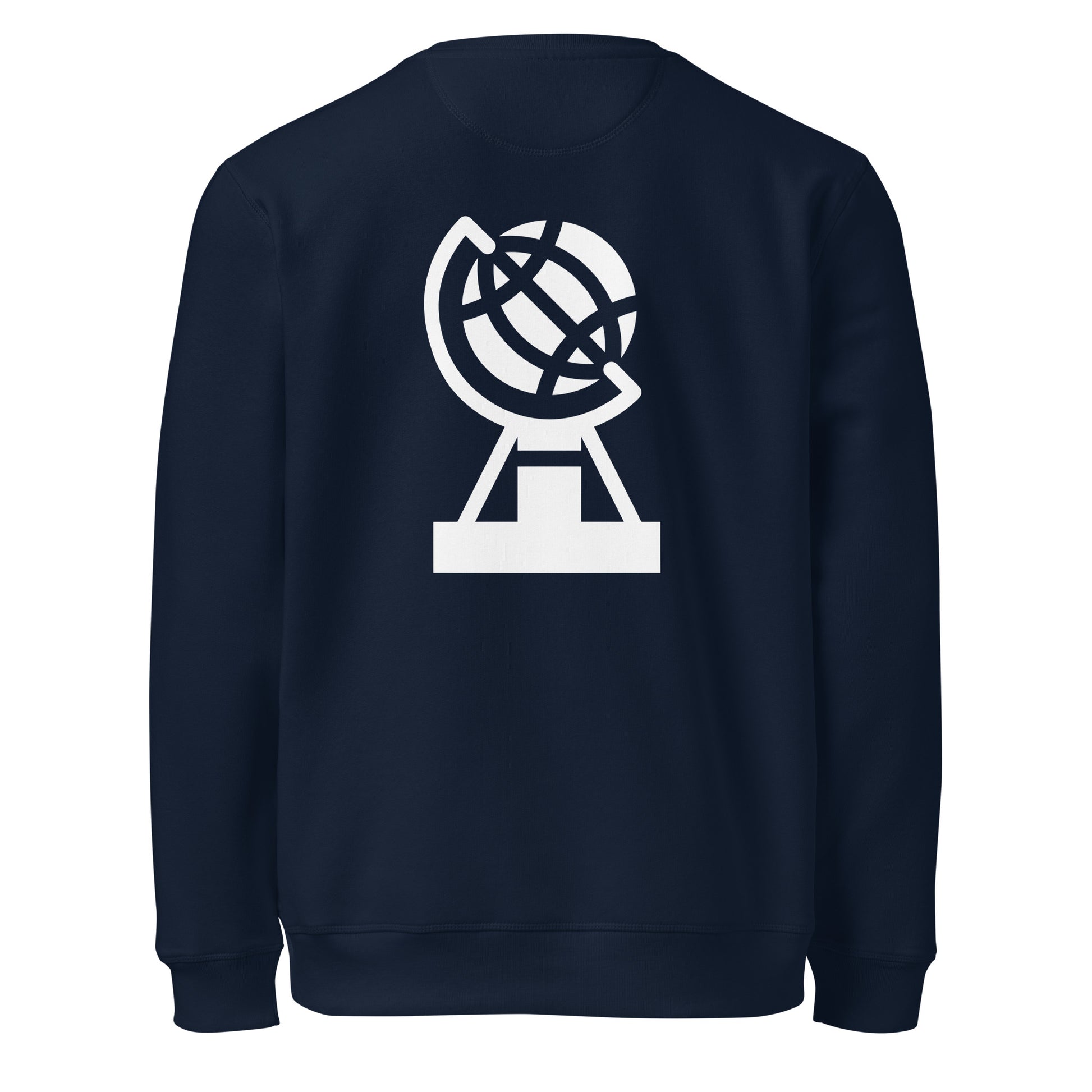 Back view of navy Nordkapp crew jumper with large Nordic globe print